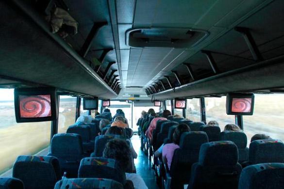 Spiralling around on the bus. CLUI photo by Steve Rowell